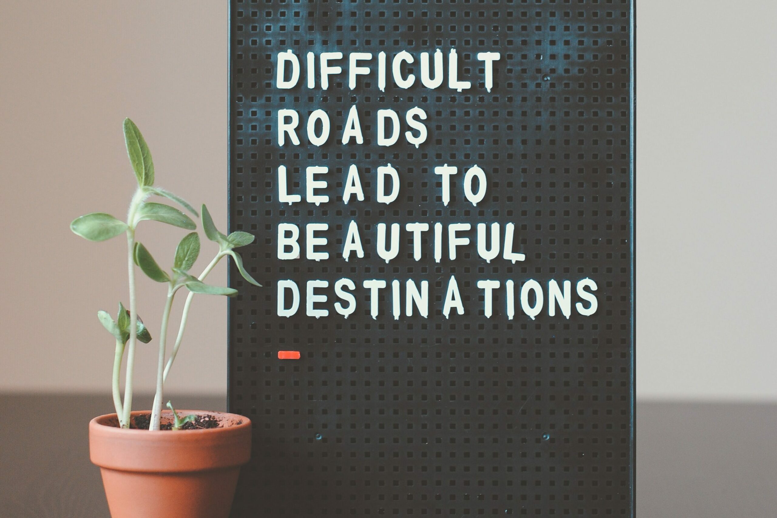 A pot and board saying 'Difficult Roads Lead to Beautiful Destinations.'
